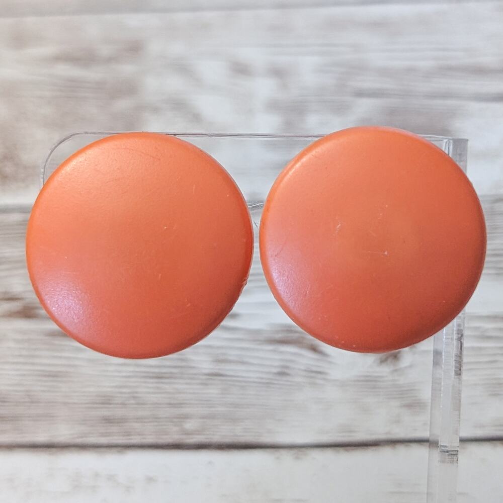 Vintage Clip On Earrings Large Orange Button Style Circle Retro